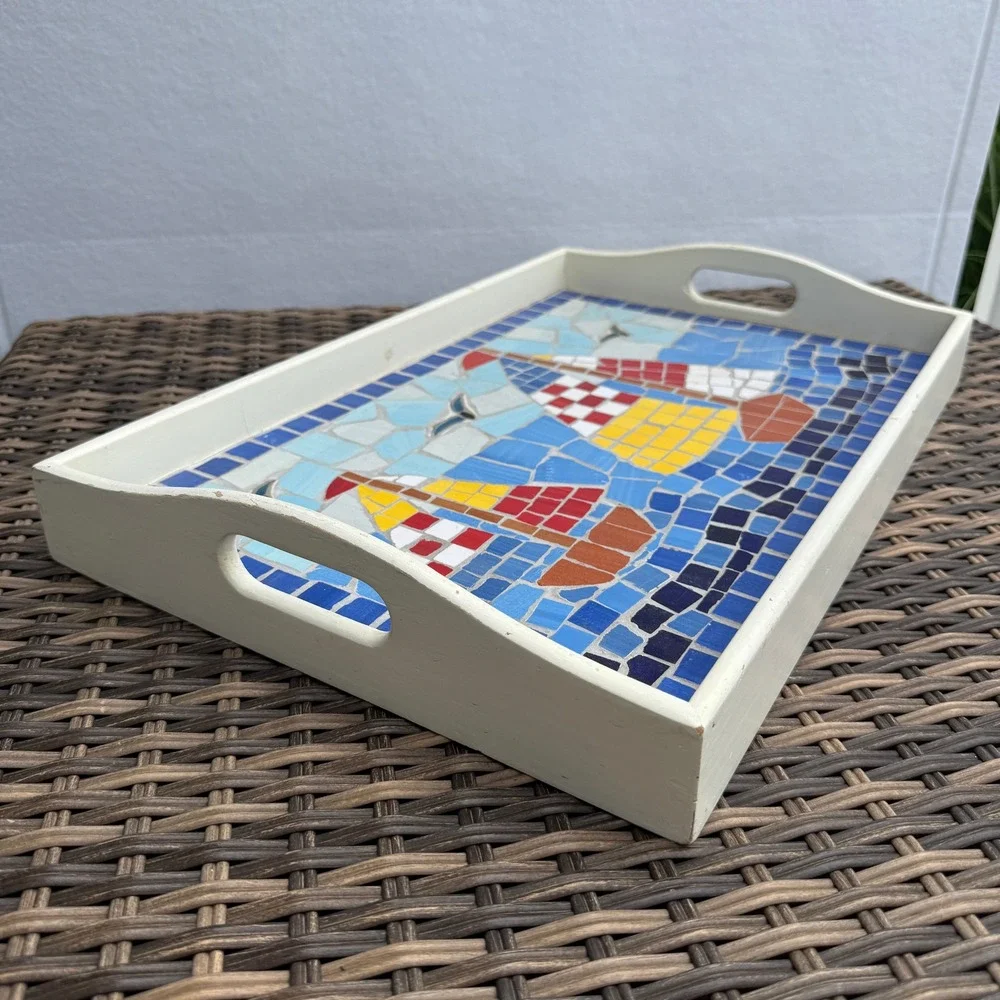 Handmade Mosaic Sailboat Serving Tray Wooden Coastal Nautical Decorative 19x12